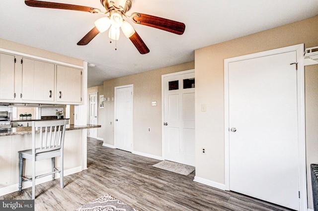 kitchen with stainless steel stove, ceiling fan, white cabinetry, and wood-type flooring