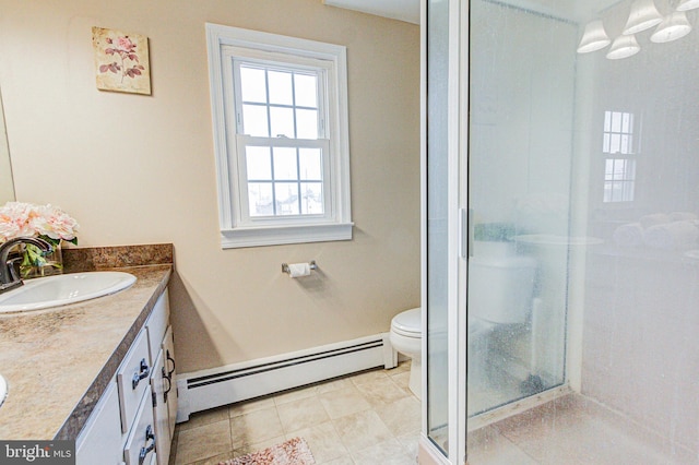 bathroom with tile patterned flooring, toilet, a shower with door, vanity, and a baseboard heating unit