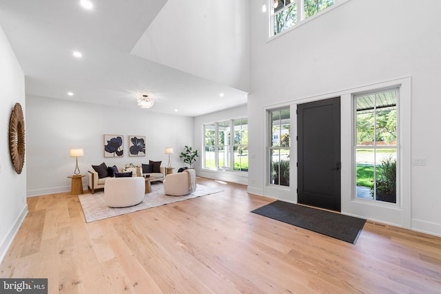 foyer entrance with a towering ceiling and light hardwood / wood-style floors