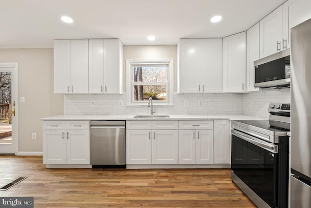 kitchen featuring sink, white cabinets, stainless steel appliances, and light hardwood / wood-style flooring