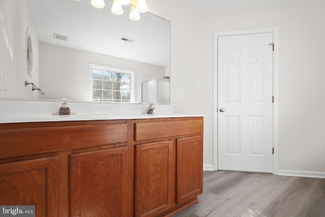 bathroom with wood-type flooring and vanity