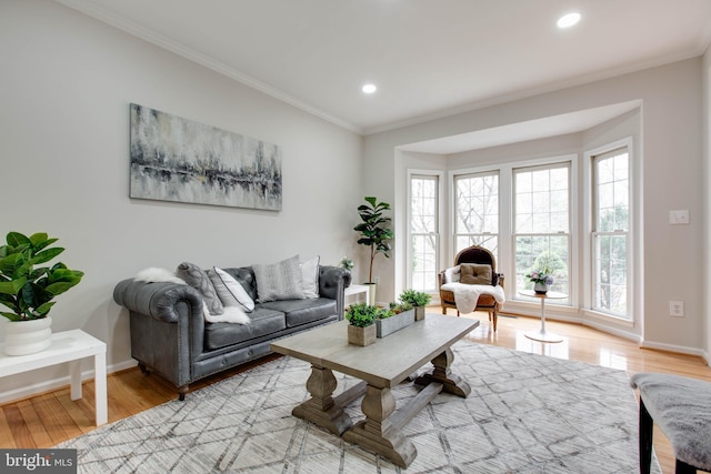 living area with light wood-style flooring, baseboards, and ornamental molding