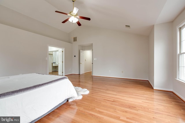 unfurnished bedroom with light wood finished floors, visible vents, a ceiling fan, and baseboards