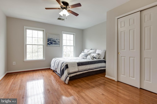 bedroom featuring light wood-type flooring, baseboards, and visible vents