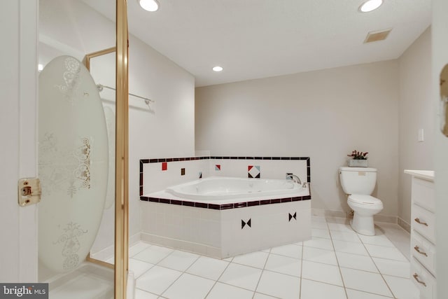 full bath featuring tile patterned floors, visible vents, a garden tub, toilet, and a stall shower