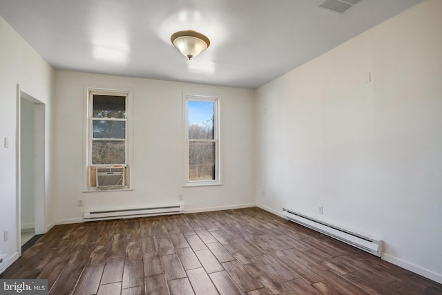 empty room with a baseboard heating unit, cooling unit, visible vents, and dark wood-style floors