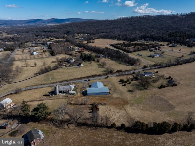 birds eye view of property featuring a mountain view and a rural view