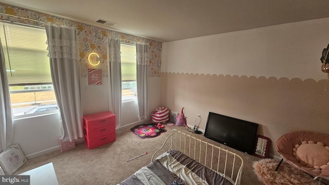 carpeted bedroom with multiple windows