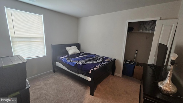 bedroom with carpet flooring and a closet