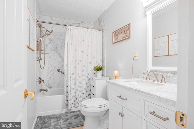 full bathroom featuring vanity, toilet, a textured ceiling, and shower / bathtub combination with curtain