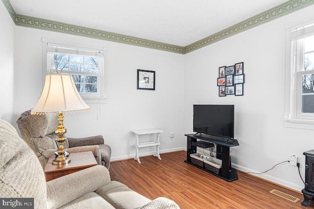 living room with a healthy amount of sunlight and hardwood / wood-style floors