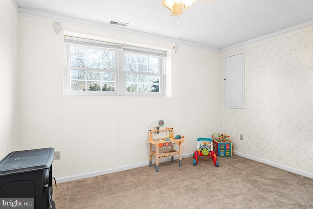 playroom with crown molding, light colored carpet, and electric panel