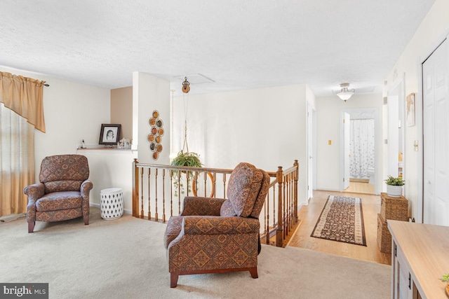 sitting room featuring light carpet and a textured ceiling