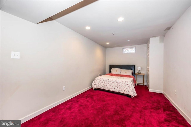carpeted bedroom with recessed lighting and baseboards