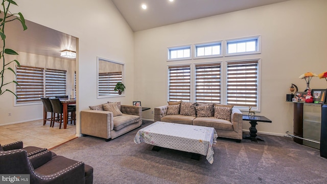 carpeted living room with high vaulted ceiling