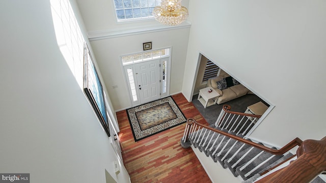 foyer entrance with an inviting chandelier, wood-type flooring, and a high ceiling