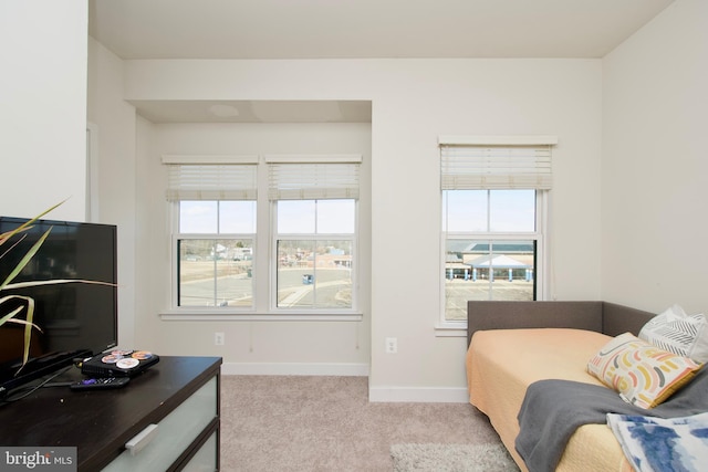 bedroom featuring light carpet