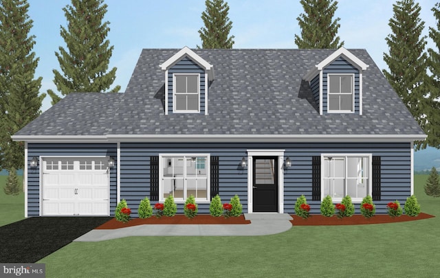 cape cod-style house with a front lawn, an attached garage, and roof with shingles