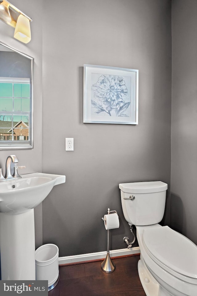 bathroom with wood-type flooring and toilet