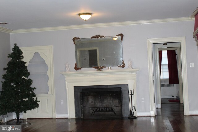 living area featuring ornamental molding, dark wood-style flooring, and a fireplace