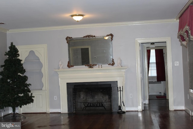 living area featuring baseboards, radiator heating unit, dark wood-style flooring, crown molding, and a fireplace