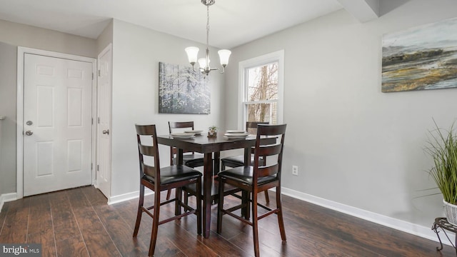 dining area with dark hardwood / wood-style floors and a notable chandelier