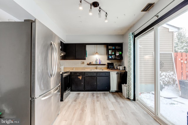 kitchen featuring sink, backsplash, light wood-type flooring, and appliances with stainless steel finishes