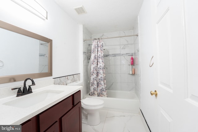 full bathroom with shower / bathtub combination with curtain, vanity, and toilet