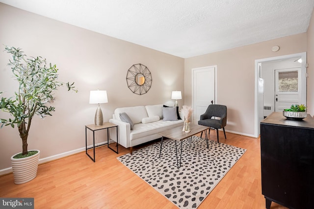 living room with radiator, hardwood / wood-style floors, and a textured ceiling