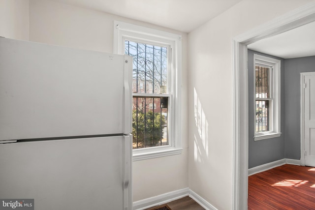 doorway with dark wood-type flooring, a wealth of natural light, and baseboards