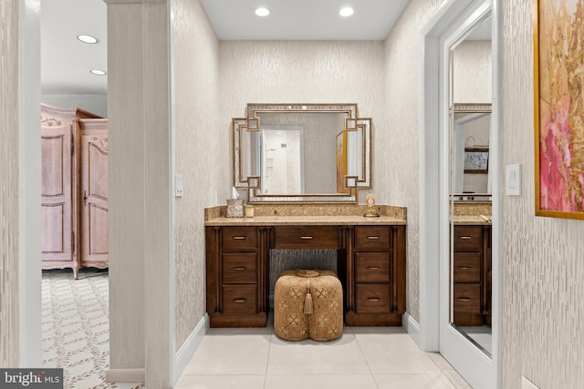 full bathroom featuring tile patterned flooring, vanity, and recessed lighting