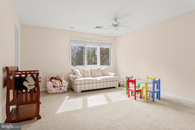 playroom with light carpet, recessed lighting, visible vents, and baseboards