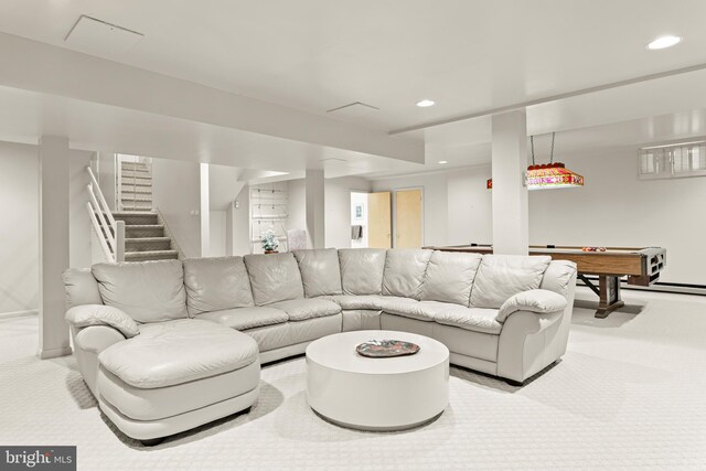 carpeted living area with recessed lighting, pool table, and stairway