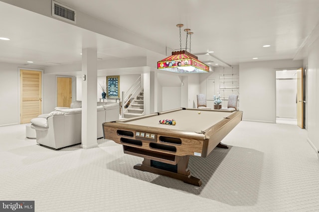 recreation room with light colored carpet, recessed lighting, visible vents, and billiards