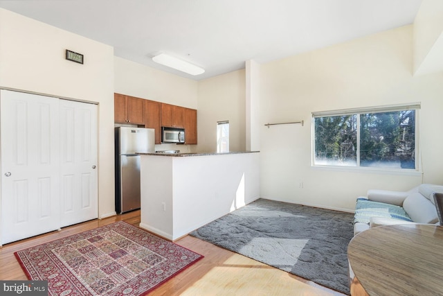 kitchen featuring light wood-type flooring, appliances with stainless steel finishes, and high vaulted ceiling