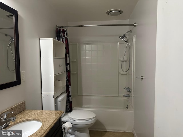 bathroom featuring toilet, shower / tub combo, tile patterned flooring, and vanity