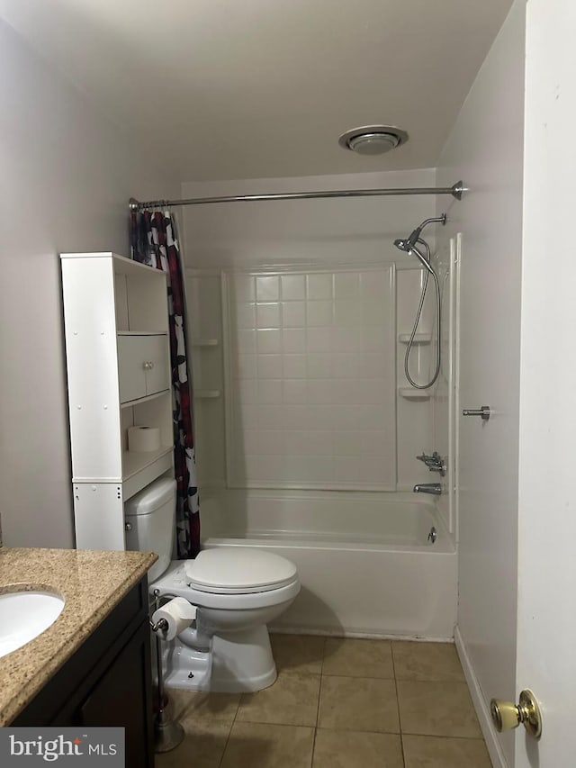 bathroom with toilet, vanity, shower / bath combination with curtain, and tile patterned floors