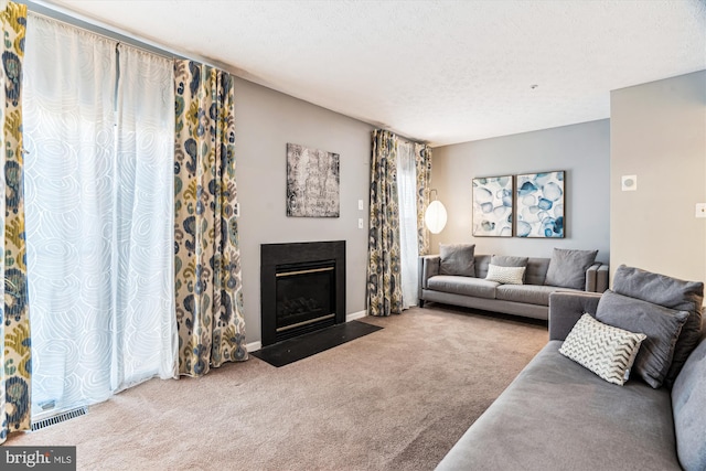 carpeted living room with a textured ceiling