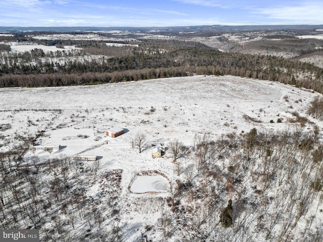 snowy aerial view featuring a mountain view