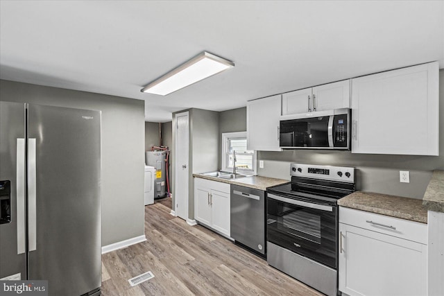 kitchen with appliances with stainless steel finishes, sink, water heater, and white cabinets