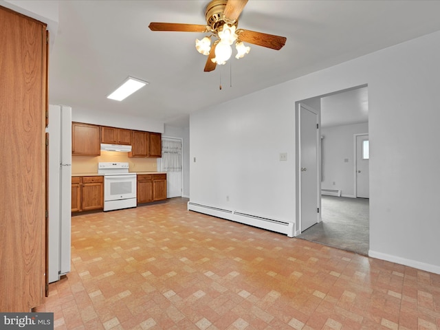 kitchen with white appliances, a baseboard heating unit, light countertops, and brown cabinetry