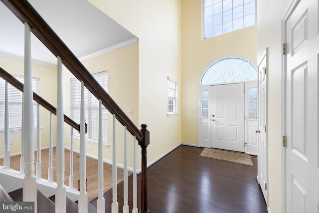 foyer entrance with crown molding, dark wood-type flooring, and a towering ceiling