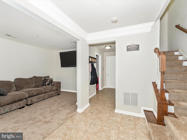 tiled living room with crown molding