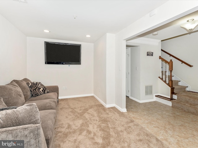 living room with light colored carpet