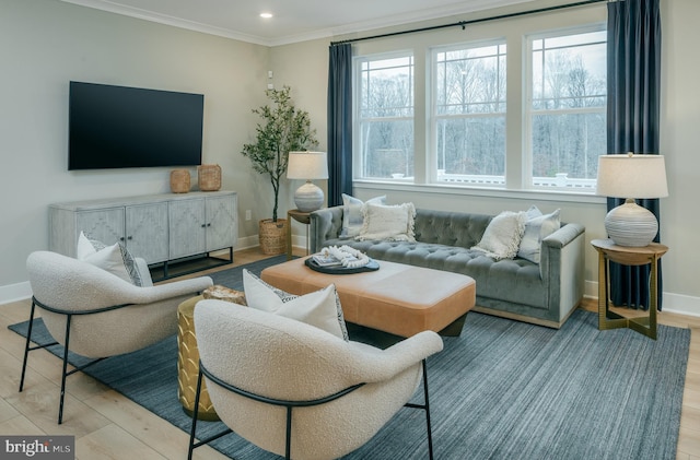 living room featuring ornamental molding, a wealth of natural light, and light wood-type flooring