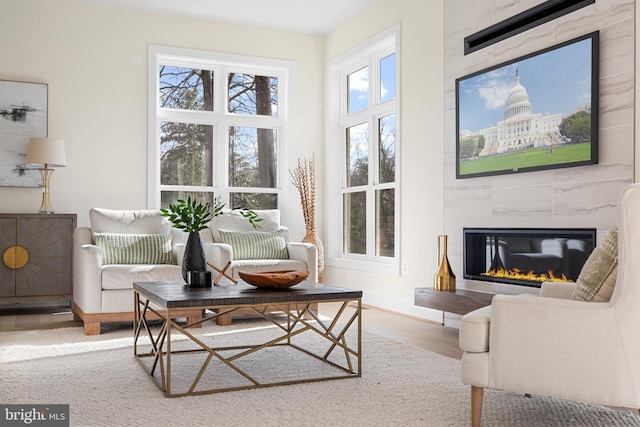 living area with baseboards, a fireplace, and wood finished floors