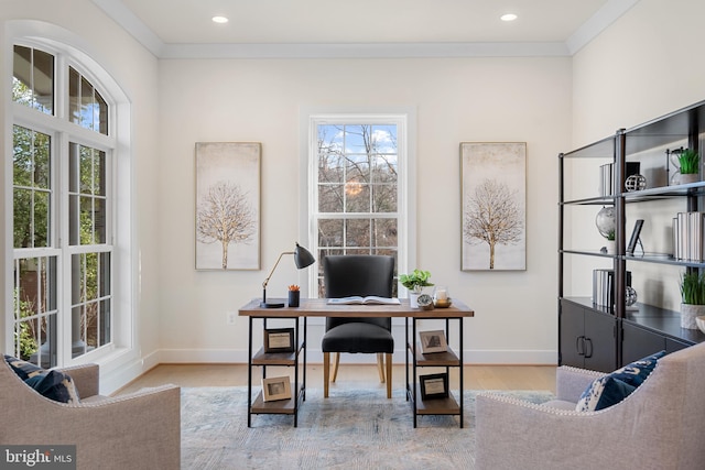 office with recessed lighting, ornamental molding, baseboards, and wood finished floors