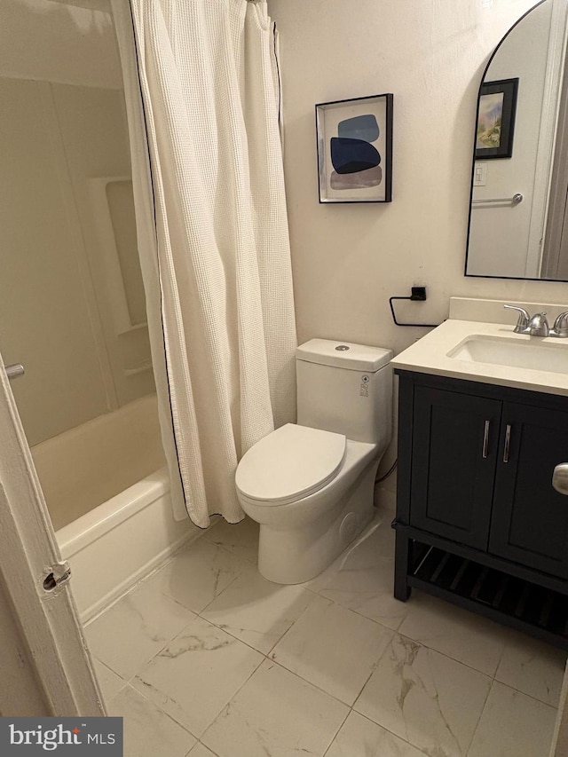 full bathroom with toilet, marble finish floor, shower / bath combination with curtain, and vanity