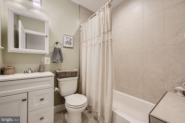 full bathroom with tile patterned flooring, vanity, shower / bath combo, and toilet