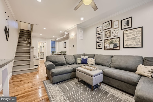 living room featuring crown molding, ceiling fan, and light hardwood / wood-style flooring